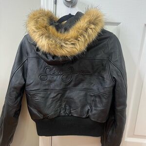 Sean John Black Leather Jacket with Fur Hood